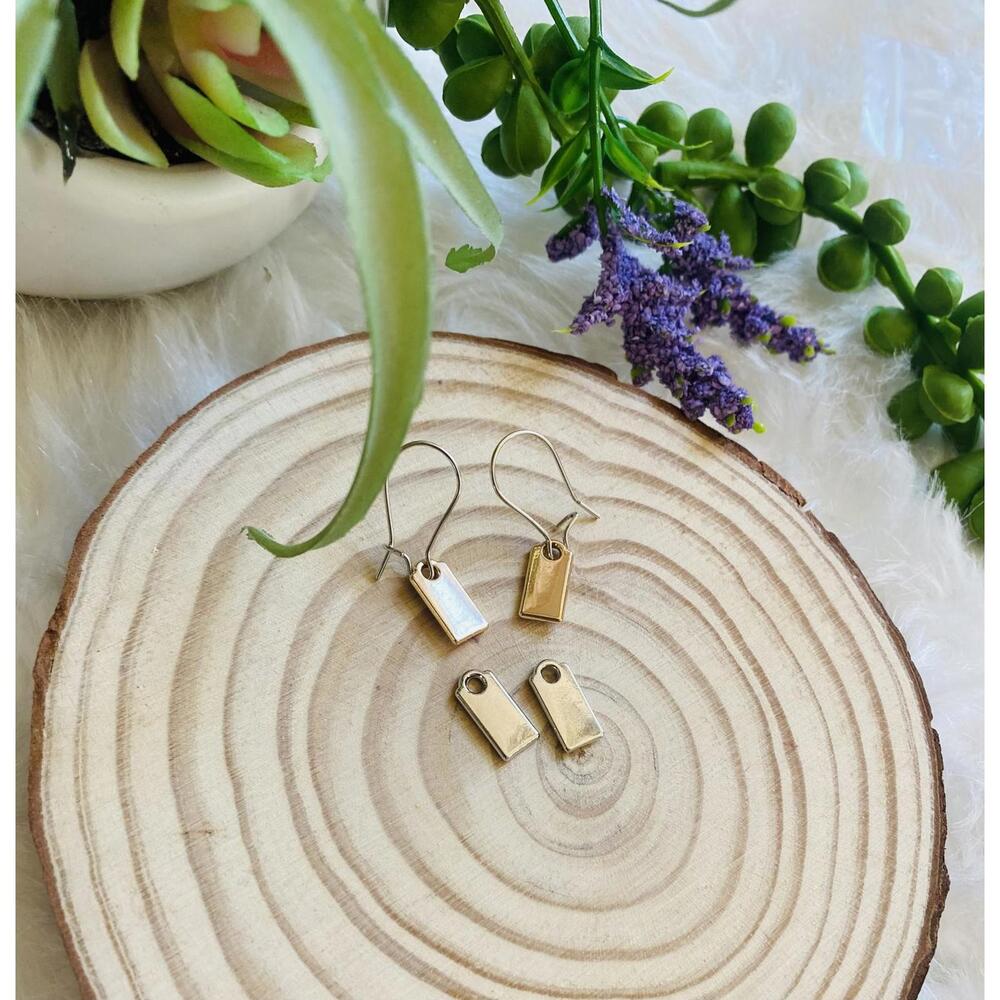 Small Gold And Silver Tone Rectangular Tag Earrin… - image 1